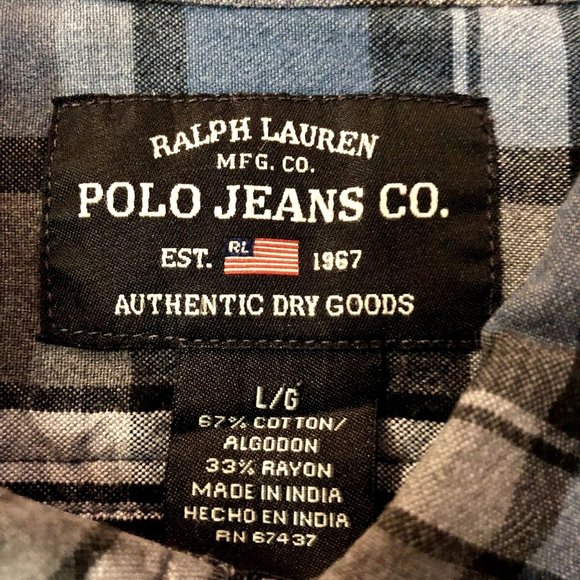 Ralph Lauren Polo Jeans Shirt Mens L Used Blue Plaid - Picture 6 of 13